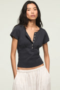 [167405-410] WOMENS LUCKY BRAND CROCHET TRIM SHORT SLEEVE HENLEY - INDIA INK